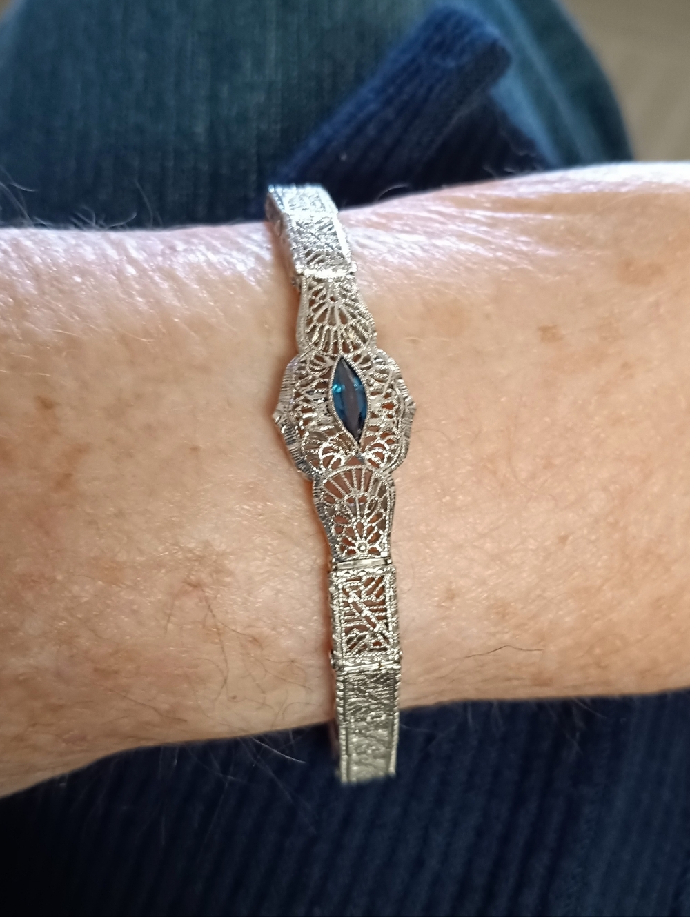Vintage Sterling Bracelet Sapphire Man Made Art Deco Style - Picture 5 of 8